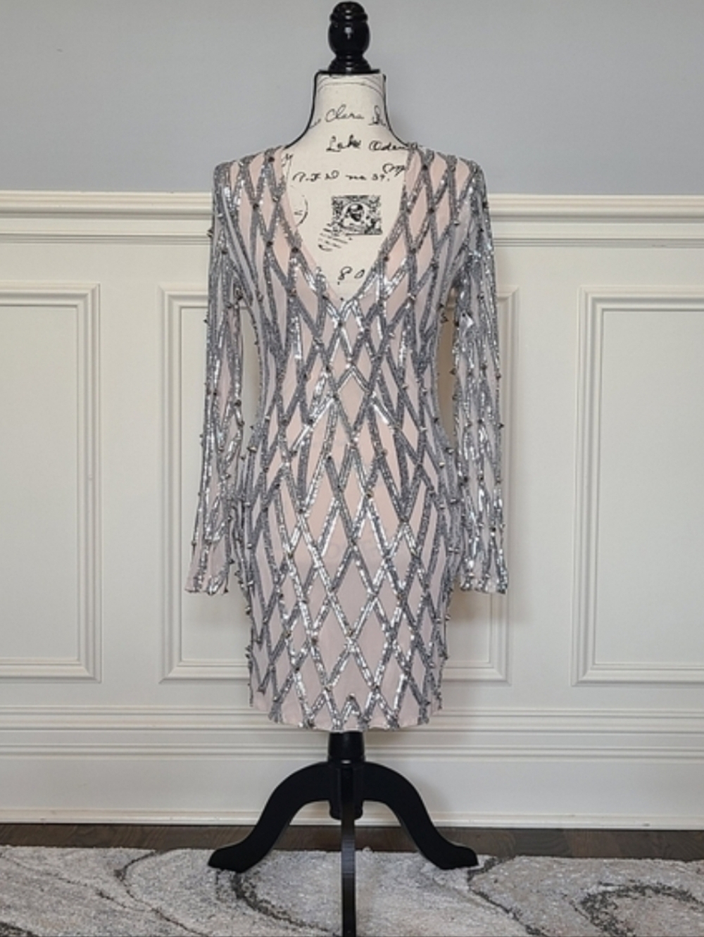 Akira. Sheer sleeves with sequins, pointed studs and a deep v neck